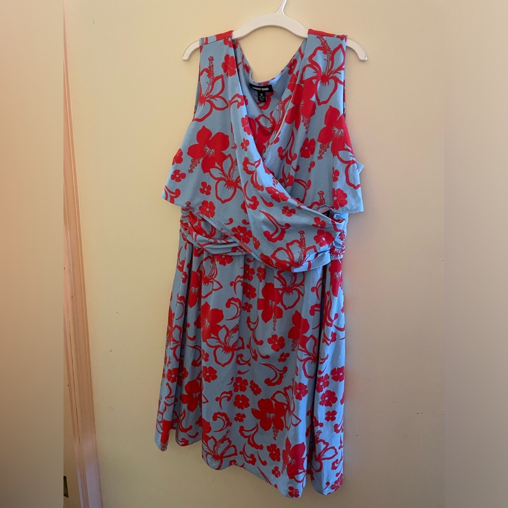 Lands' End Light Blue Dress with Red Floral Print